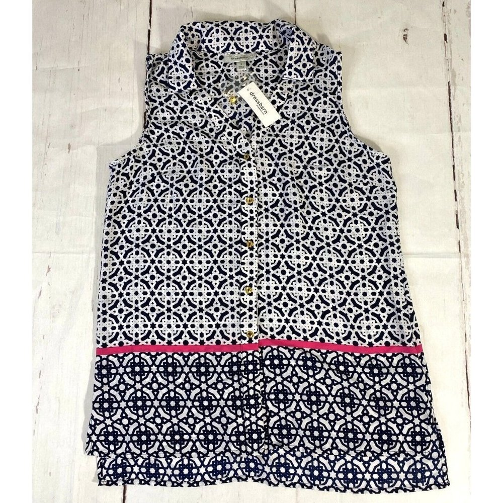 Dressbarn Tunic Top Sleeveless Navy White Pink Button Front Collared Size Small